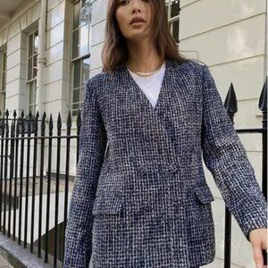 Aritzia Babaton Kilburn Blazer Jacket In Navy Tweed | Size 0